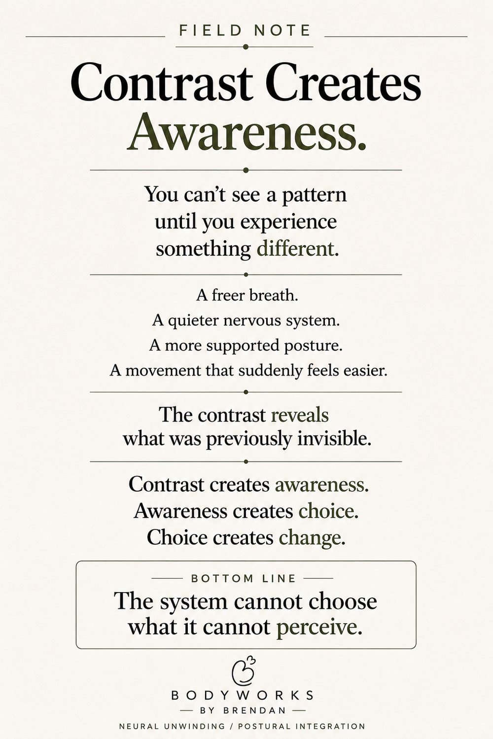 Field note: Contrast Creates Awareness — you cannot see a pattern until you experience something different.